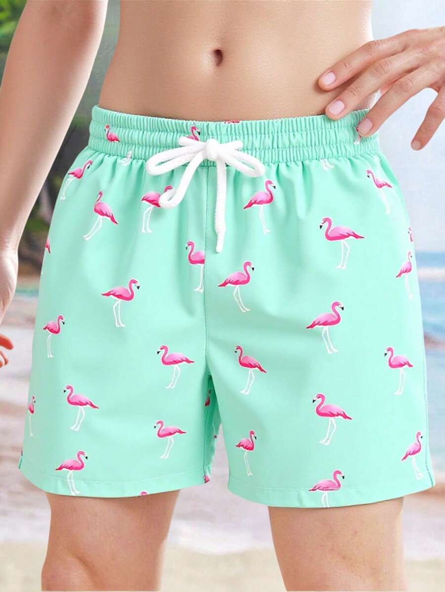 Tween Boy Flamingo Print Drawstring Waist Swim Trunks