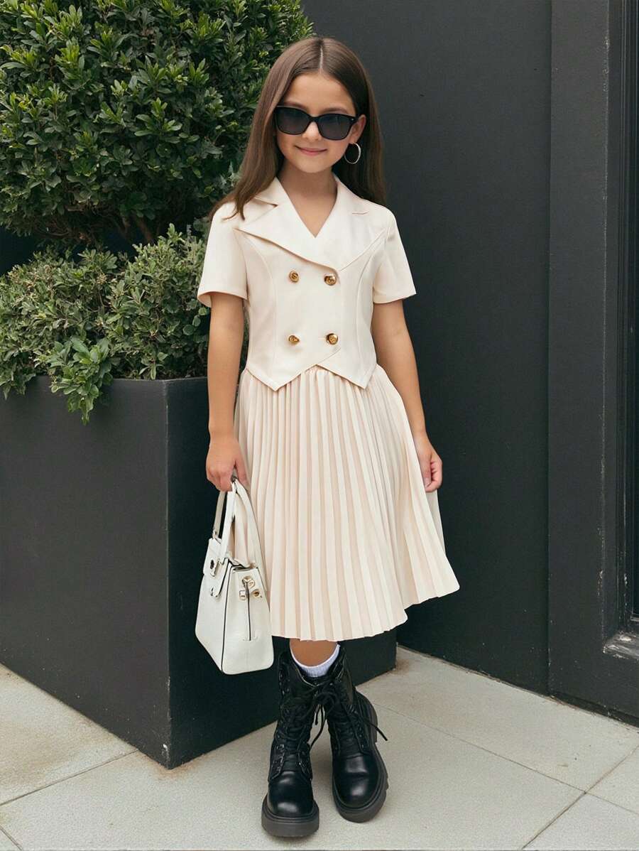 SHEIN Nova Glow Tween Girls Fashion Street Style Casual Solid Color Short Sleeve Cardigan & Pleated Hem Skirt Set Graduation Outfit - Apricot - View 1