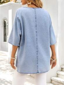 EMERY ROSE 女士休闲圆领 3/4 袖牛仔套头衫