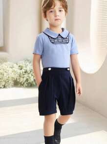 2pcs Kids Boy Casual College Style Comfortable Printed Collar T-Shirt And Solid Color Shorts Set, Versatile Gentleman Suit Suitable For School, Garden, Beach, Birthday, Spring, Summer, Fall, Winter - Blue - View 7