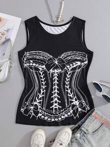 Women's T-Shirt With Digital Printing And Iron-On Technology, Designed As Tight Fitting Bra-Style With Tie Strings And Lace Trim Elements, Fashionable And Retro-Sexy Style, Minimalist Yet Personalized Design, Elegant Fashion, Paired With Jeans For Stylish Look