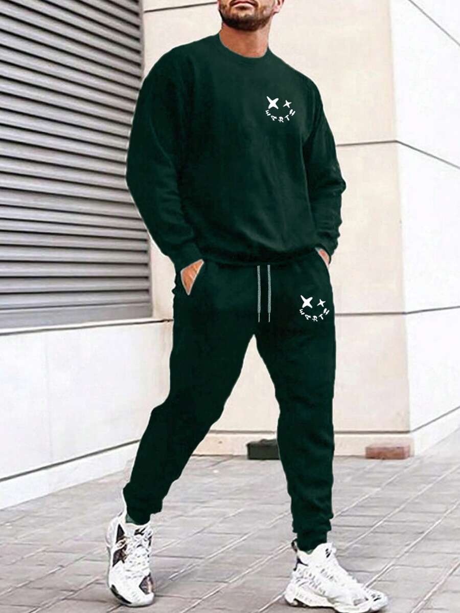 EURMUSE Cotton Men's Emoticon Print Sweatshirt And Sweatpants Set - Dark Green - View 1