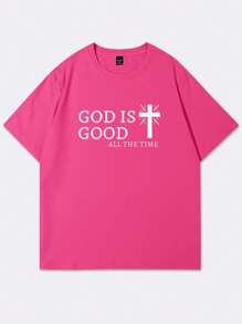 Manfinity Homme Men's Casual Cross Print Slogan Short Sleeve T-Shirt, Summer - Watermelon Pink - View 3