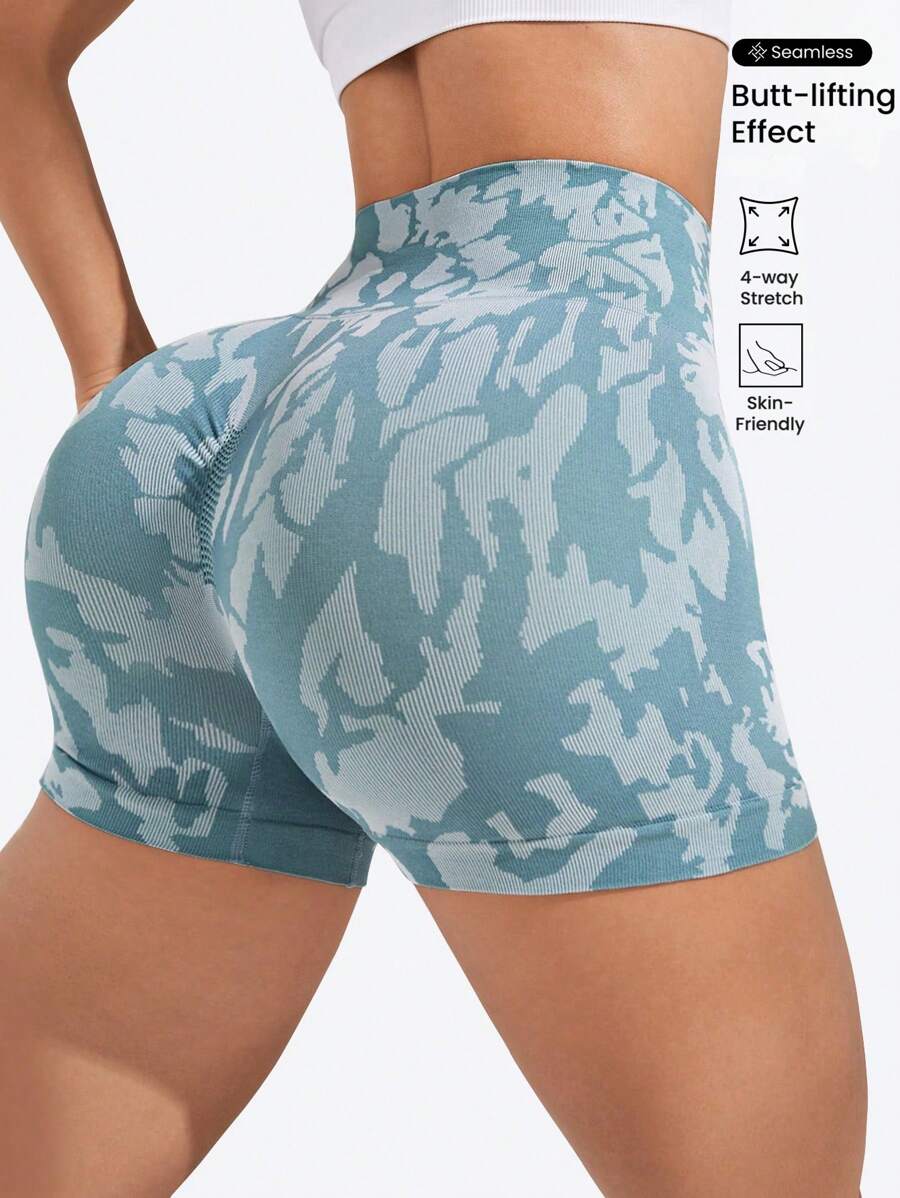 SHEIN Sports Camo Print Wideband Waist Sports Shorts Blue ShortsWomen Sweat Short, Gym Short, Biker Short - Dusty Blue - View 1