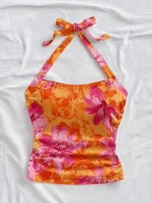 Soleia 女士度假露背褶皱修身背心，适合夏季假期，橙色大花卉印花，复古风格，休闲度假风格，性感，可爱，Y2K 椰子女孩，波西米亚风，音乐节 - 彩色 - 查看 4