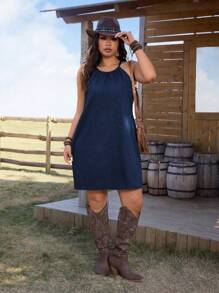 SHEIN LUNE Plus Size Casual Halter Neck Denim Dress - Dark Wash - View 3