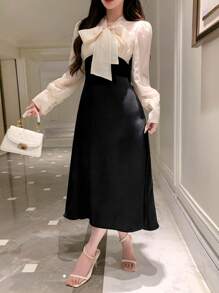 DAZY Colorblock Contrast Ribbon Collar & Puff Sleeve Women's Mid-Length Dress Prom Dress Elegant,Fall Dress