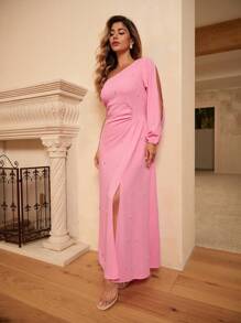 Flirla 大码女式纯色不对称领口珍珠装饰针织面料紧身褶皱袖开衩下摆连衣裙，适合约会派对的优雅浪漫装扮 - 粉色 - 查看 3