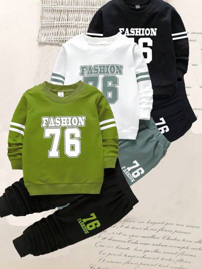 SHEIN Explorewe 6pcs/Set Young Boy Casual Sports College Street Cute 76 Number & Letter Sweatshirt + Pants, Suitable For Daily Wear, School, Outings, Sports, Spring/Autumn