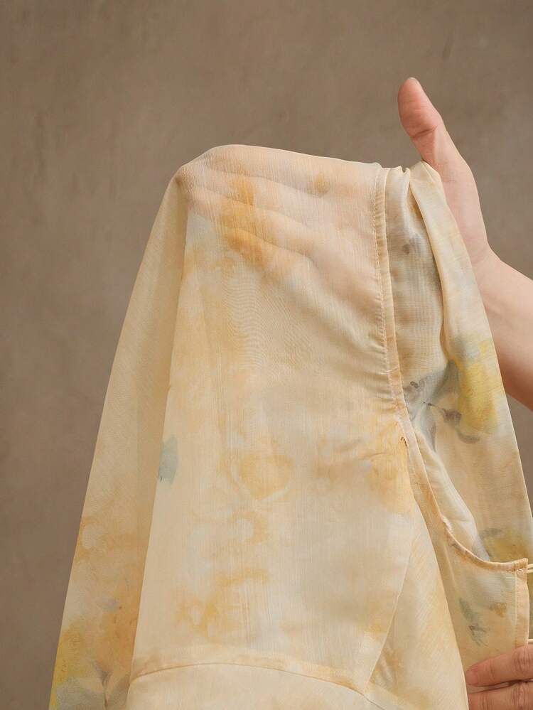 Spring & Autumn New Vacation Style Vintage Ditsy Floral Scarf Collar Tie Bow Long Sleeve Sheer Front Open Blouse For Women