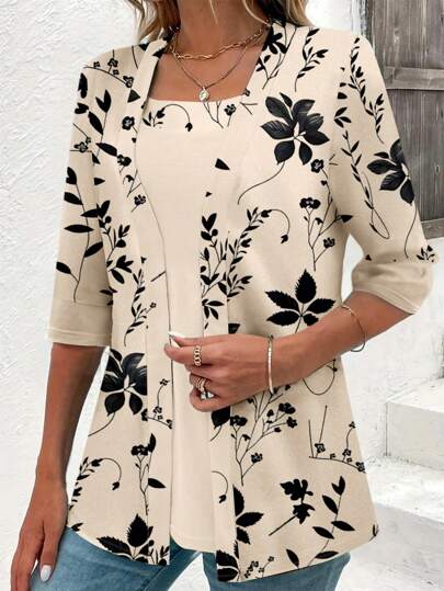 EMERY ROSE Camiseta feminina de verão com estampa floral e folhas, patchwork 2 em 1, camisetas gráficas, tops femininos