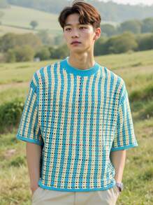 Manfinity CasualKnits 男士圆领短袖条纹镂空简约休闲针织上衣 - 彩色 - 查看 2