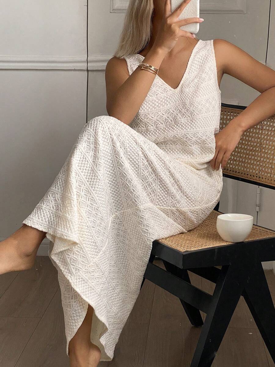 DAZY Bohemian Style Sleeveless Jacquard Dress, Women's Leisure Dress, Moo Moo Pajama - White - View 1