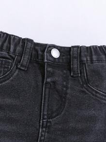 SHEIN Bebeluși băieți de vară învechit ocazional rupt înaltă stretch, skinny negru, pantaloni scurți din denim, haine de vară pentru bebeluși ținute de zi cu zi și ținute de vacanță - Negru - Vizualizare 3