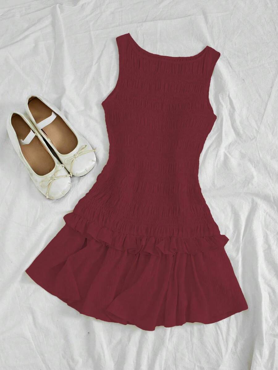 SHEIN Unity Elegant Solid Color Ruffle Hem Mini Dress - Burgundy - View 1