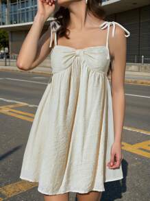 SHEIN Teen Girls Solid Color Casual Sleeveless Spaghetti Strap Dress For Spring And Summer, Bow Accent, Cute/Girly