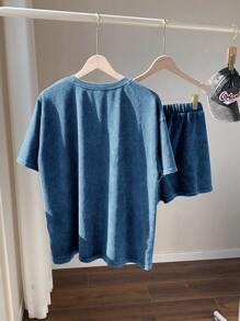 Comfortcana Conjunto de 2 piezas talla grande: Camiseta de manga corta cuello redondo negra y pantalones cortos, ropa de primavera y verano