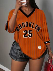 Slaydiva Casual Minimalist Letter & Number Graphic Orange Striped Brooklyn Print T-Shirt, Suitable For Women In Summer, Sports, Fitness - Multicolor - View 6