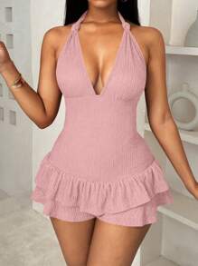 Zolique 1 件女式纯色吊带系带荷叶边下摆紧身连衣裤连衣裙 - 粉色 - 查看 3