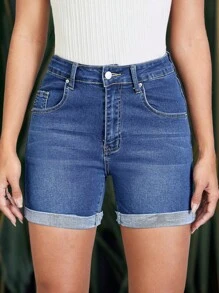 SHEIN LUNE Pantalones cortos de mezclilla casuales y versátiles para mujer con bolsillos y basta enrollada