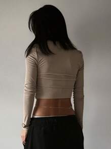 DAZY Women's Long Sleeve Mock Neck Bodycon Fitted T-Shirt - Khaki - View 5