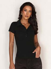 Glamine Polo 领纽扣短袖修身运动收腰简约女式 T 恤，春夏、复活节、毕业典礼、夏季、春季、乡村音乐会、俱乐部女士性感、度假女士 - 黑色 - 查看 6