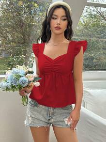SHEIN Unity Áo sơ mi họa tiết màu trơn có nhún ngực và áo peplum cổ tim - Màu Đỏ Sâu - Xem 3