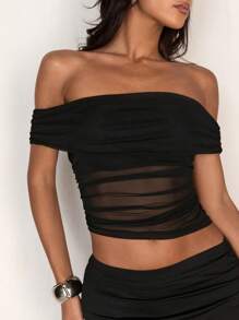 Glamine 2pcs Women's Summer Elegant Sexy Open Shoulder Sheer Mesh Top And Mermaid Knit Skirt Set, Women Clothing Sets - Black - View 7