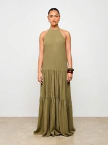 AiiRZ Elegante abito lungo da maxi con scollo ad aletta, a balze, estivo bohémien, ampio, lungo fino ai piedi, senza maniche, effetto lino, per serate, vacanze, matrimoni, adatto per tutte le stagioni