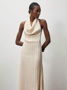 Lumivelle Vestido de mujer fruncido sin espalda con cordón a la cintura, Vestido largo de mujer de cuello de capucha en beige