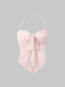 SHEIN PETITE Plus Size Women Minimalist Sheer Lace Halter Top - Pink - View 1