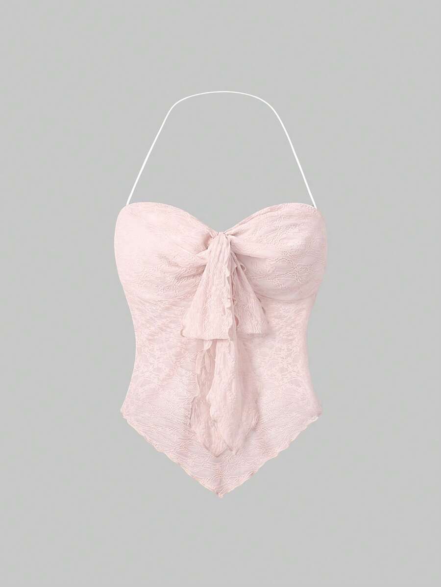 SHEIN PETITE Plus Size Women Minimalist Sheer Lace Halter Top - Pink - View 1