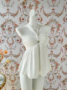 Sweetra Women's White Off Shoulder Spaghetti Strap Camisole Top, Spring/Summer - White - View 3