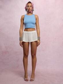 SUMWON WOMEN Summer Knit Mini Skirt Crochet Lace Tennis Style Spring High Waist Leisure Wear Vacation Beach Skater Ruffle Hemline