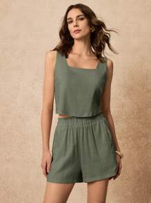 Poéselle Áo khoác vest cài nút phía trước và quần short, dáng rộng, bộ đồ đi nghỉ, phong cách đơn giản, bộ đồ vải lanh pha trộn hai mảnh quần short vải lanh cho nữ quần short quần áo vải lanh cho nữ váy thường ngày trang phục tiệc trà quần short hàng hiệu trang phục công sở - xanh quân đội - Xem 1