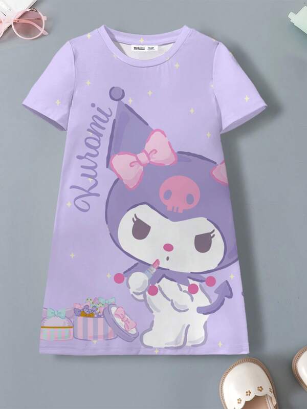 HELLO KITTY AND FRIENDS | SHEIN 年轻女孩夏季可爱卡通图案圆领短袖连衣裙