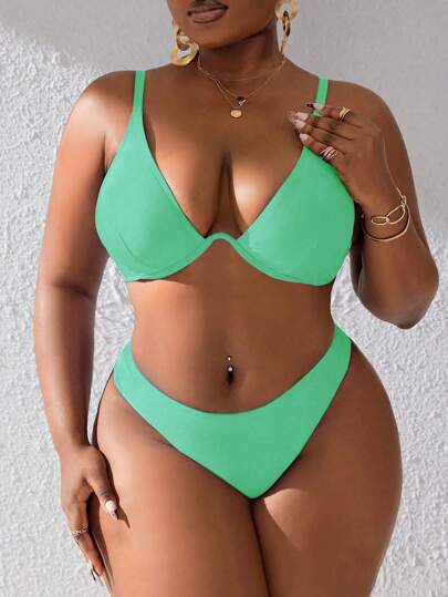 Slaydiva Plus Size Women 2Pcs Set Solid Color Strap Underwire Split Swimsuit, Fashionable Casual Holiday Style For Summer Beach Vacation