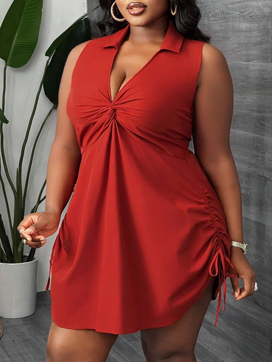 Slaydiva Elegant & Casual & Commuting & Party & Date Sexy Fitted Solid Rust Red Sleeveless Plunging Shirred Twist Side Drawstring Waist Women Plus Size Mini Shirt Dress