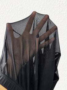 SHEIN PETITE 娇小淑女情人节情人节丝袜黑色紧身裤大码防滑过膝袜黑色网眼拼接打底裤休闲日常装简约时尚春夏装 - 黑色 - 查看 8