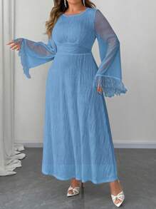 Franclia Vestido de punto texturizado con cuello redondo, mangas de campana y cintura ceñida en corte evasé largo para mujer de talla grande