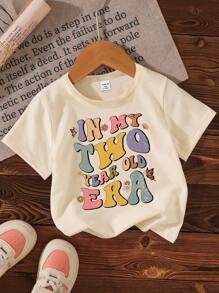 SHEIN GraphicGems Baby Girl Fashion Cute Cartoon Slogan Graphic Print Casual Short Sleeve T-Shirt - Apricot - View 3