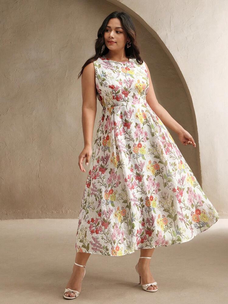 プラスサイズ女性用 袖なし ディジー調 フローラル ラウンドネックワンピース、夏、ビーチ、フェスティバル、休暇に適しています