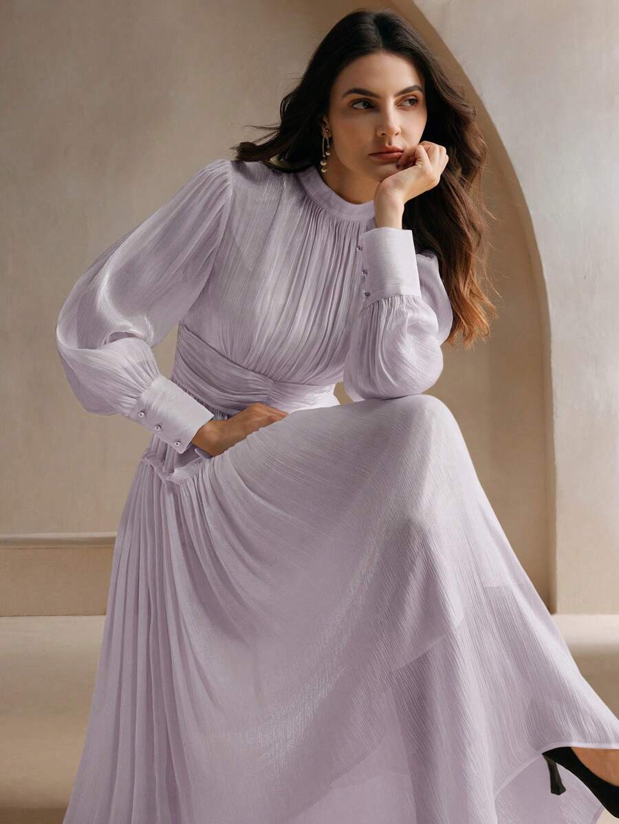 Anewsta Gaun Maxi Berpinggang Tinggi dengan Lengan Mengembang dan Sambungan Pinggang dari Kain Mengkilap yang Unik - Mauve Purple - View 1