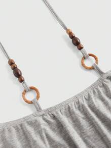 ROMWE Camiseta holgada de mujer con detalles de cuentas de madera vintage, mangas tipo murciélago y hombros descubiertos - Gris Oscuro - Ver 3