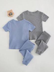 Cozy Pixies Bộ đồ ngủ 4 món vừa vặn cho bé trai: Áo thun cổ tròn mềm mại màu trơn tay ngắn, quần dài cạp chun - Nhiều màu - Xem 2
