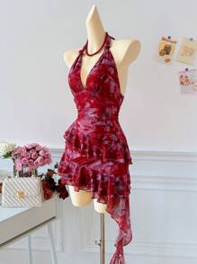 Elamini Vestido de mujer con estampado completo, cuello de halter y dobladillo asimétrico con volantes, estilo vacacional