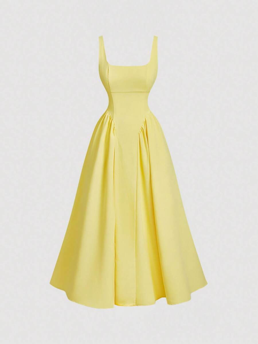 SHEIN MOD 女士白色露背蝴蝶结长裙，春季白色连衣裙，毕业礼服 - 黃色 - 查看 1