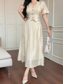 DAZY Set de 2 piezas para mujer: Blusa de manga abullonada con textura de unicolor y falda