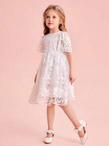 Young Girl Cute & Elegant White Embroidered Mesh Short Sleeve Summer Dress - White - View 4