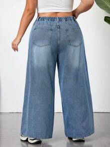 SHEIN CURVE+ Plus Size Heart Pattern Washed Loose Denim Wide Leg Pants, Casual Street Style, Summer, Curve Plus, Boho Vacation